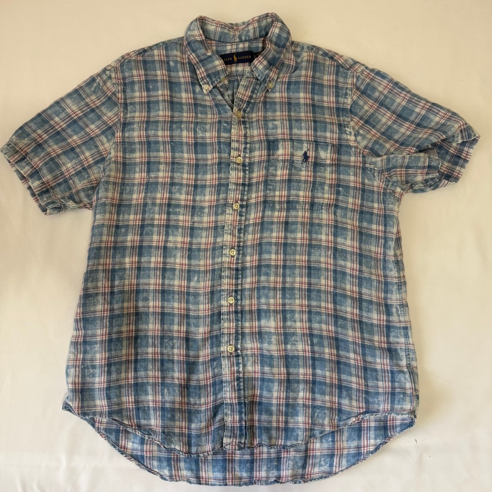 Ralph Lauren Mens Plaid‎ Linen Short Sleeve Button Down Shirt